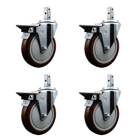 Service Caster 5'' Maroon Poly Wheel Swivel 3/4'' Square Stem Caster Set with Brake, 4PK SCC-SQ20S514-PPUB-MRN-PLB-34-4